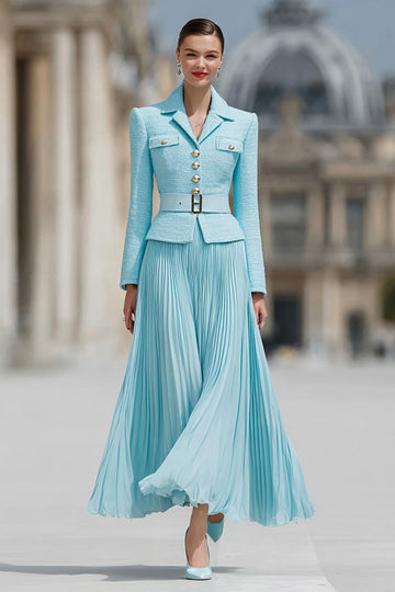 Light Blue Pleated A-Line Notched Lapel 2 Piece Work Dress With Belt